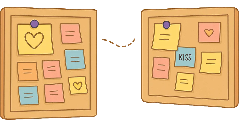 Illustration de deux tableaux d'affichage avec des notes affectueuses accrochées.