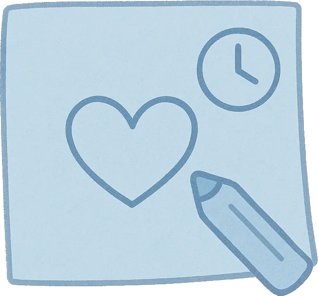 Post-it bleu avec un coeur et un chronomètre