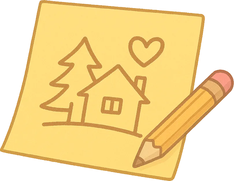 Post-it jaune avec un dessin de maison et un crayon